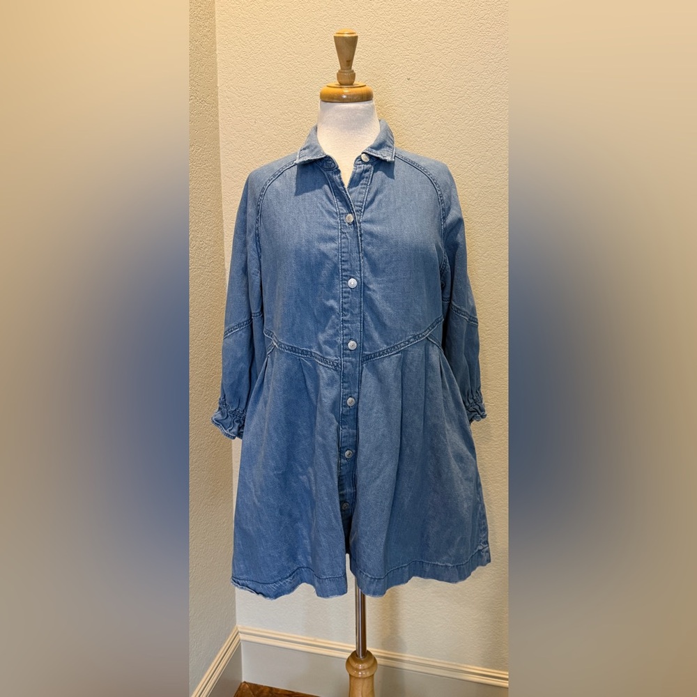 Free People Hannah Light Wash Denim Mini Long Sleeve A-Line Dress XS